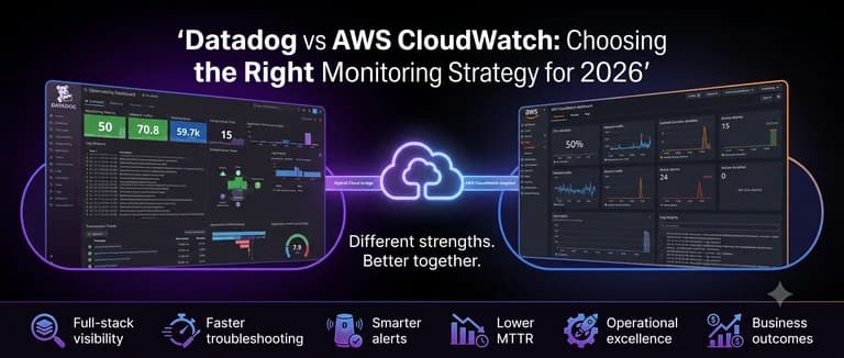 Hero image comparing Datadog and AWS CloudWatch with a hybrid cloud bridge and monitoring dashboards