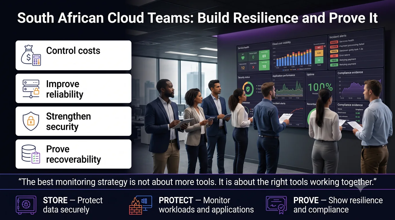South African cloud operations team monitoring service health, cost, security and recoverability dashboards in a modern operations centre.